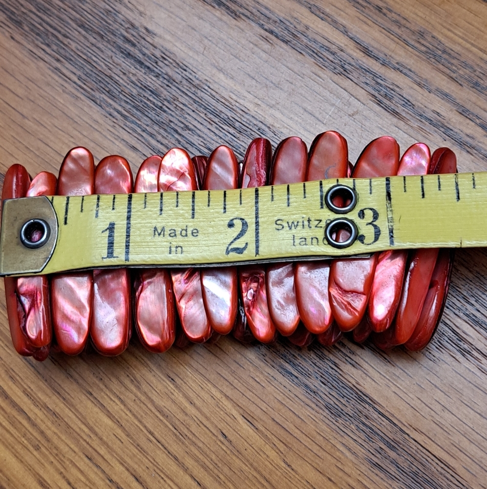 Vintage Red Abalone Shell Stretch Bracelet Wide Cuff Flat 3.5" Bangle Trinket - Picture 6 of 7
